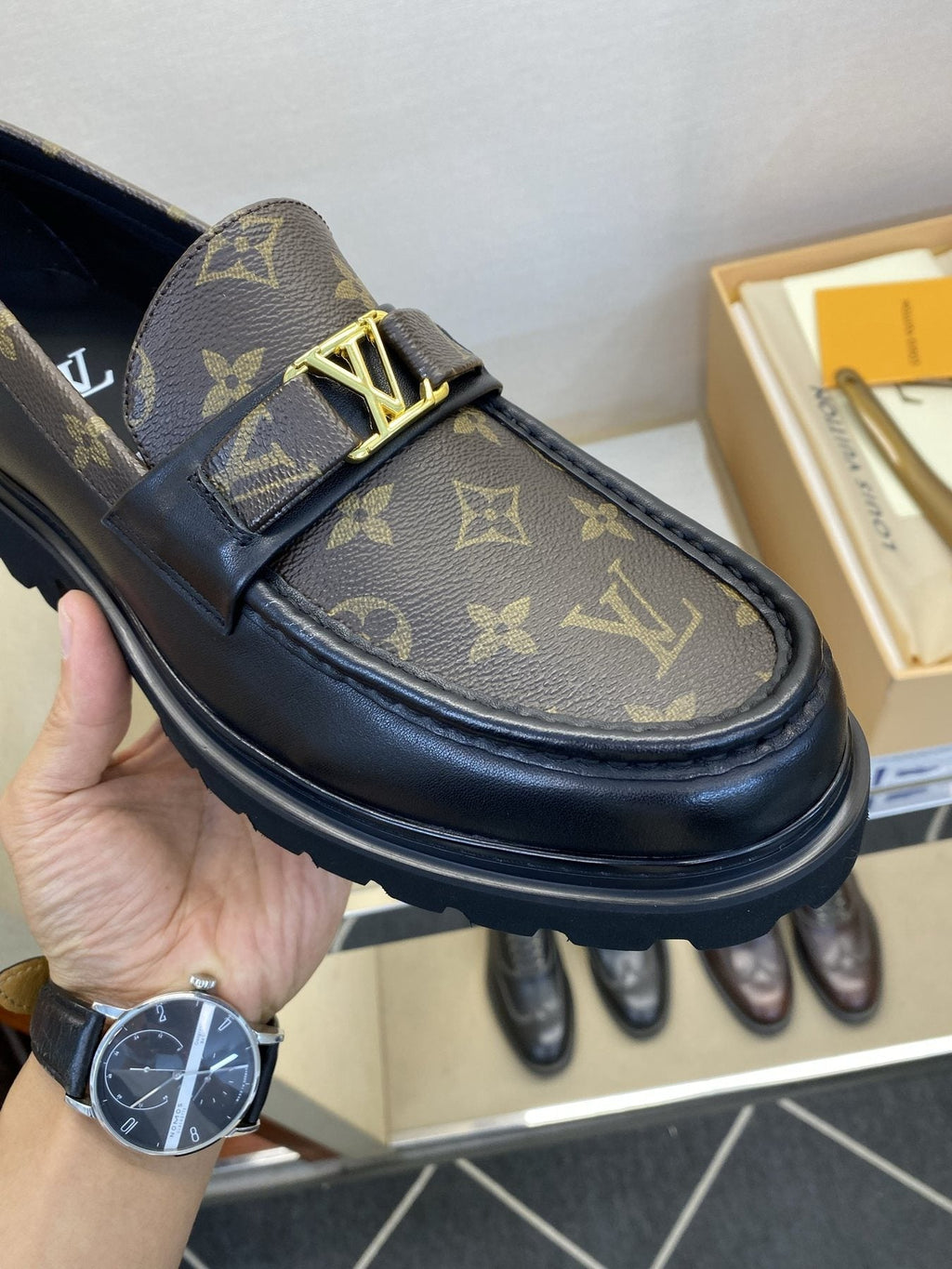 Louis Vuitton Brown Monogram Hardware Loafers — detail