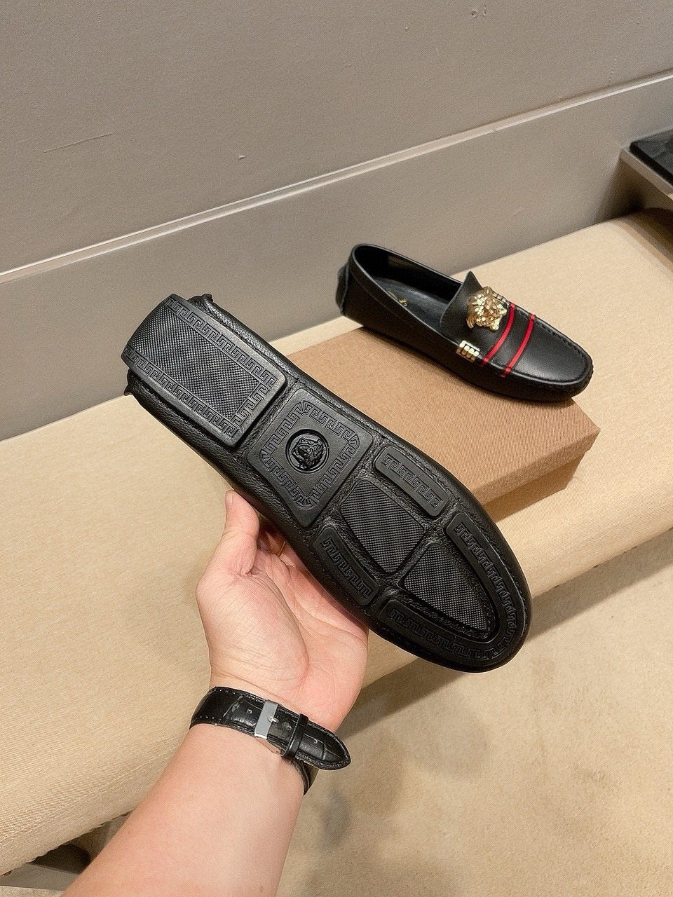 Versace Black Red Stripe Slip-On Loafers — detail
