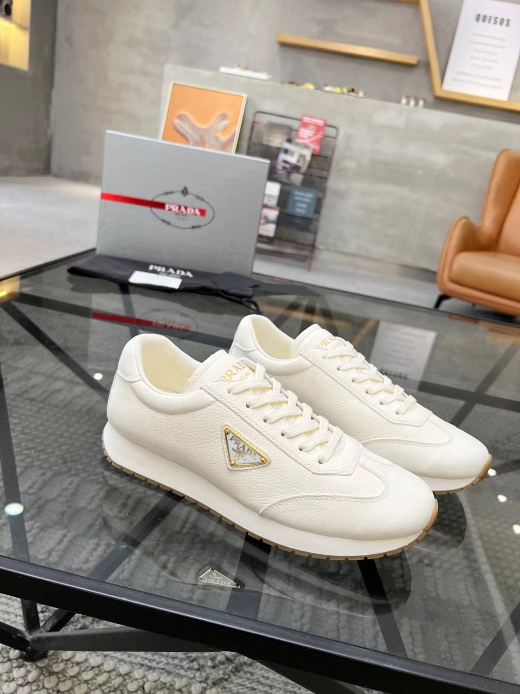 Prada White Beige Low-Top Sneakers — side
