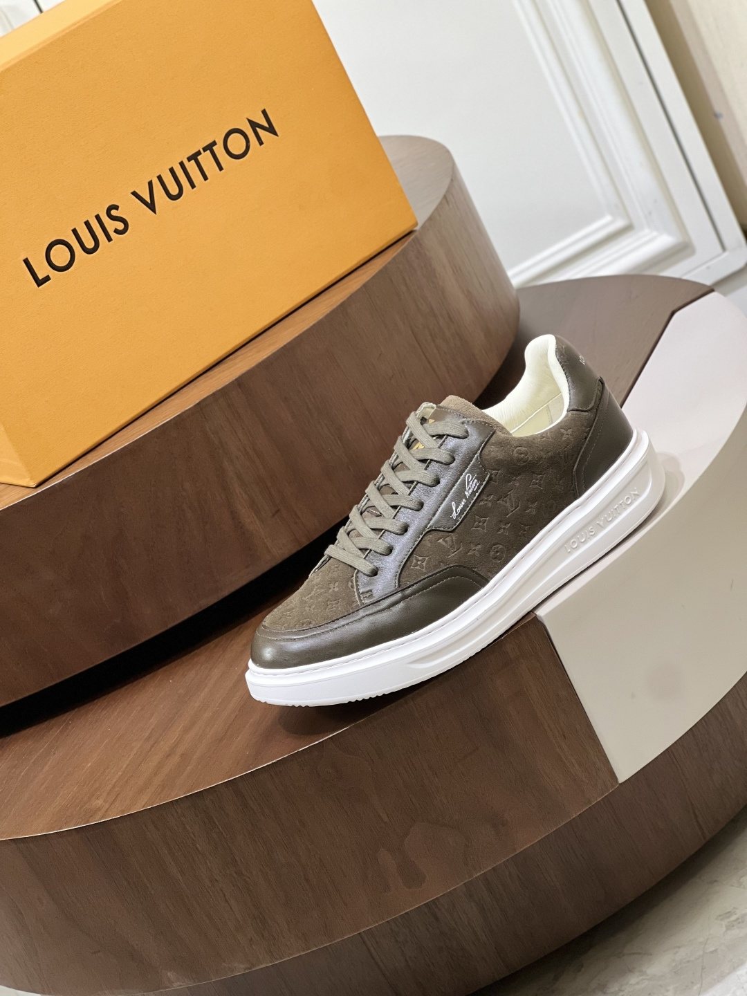Louis Vuitton Olive Brown Patterned Low-Top Sneakers — side