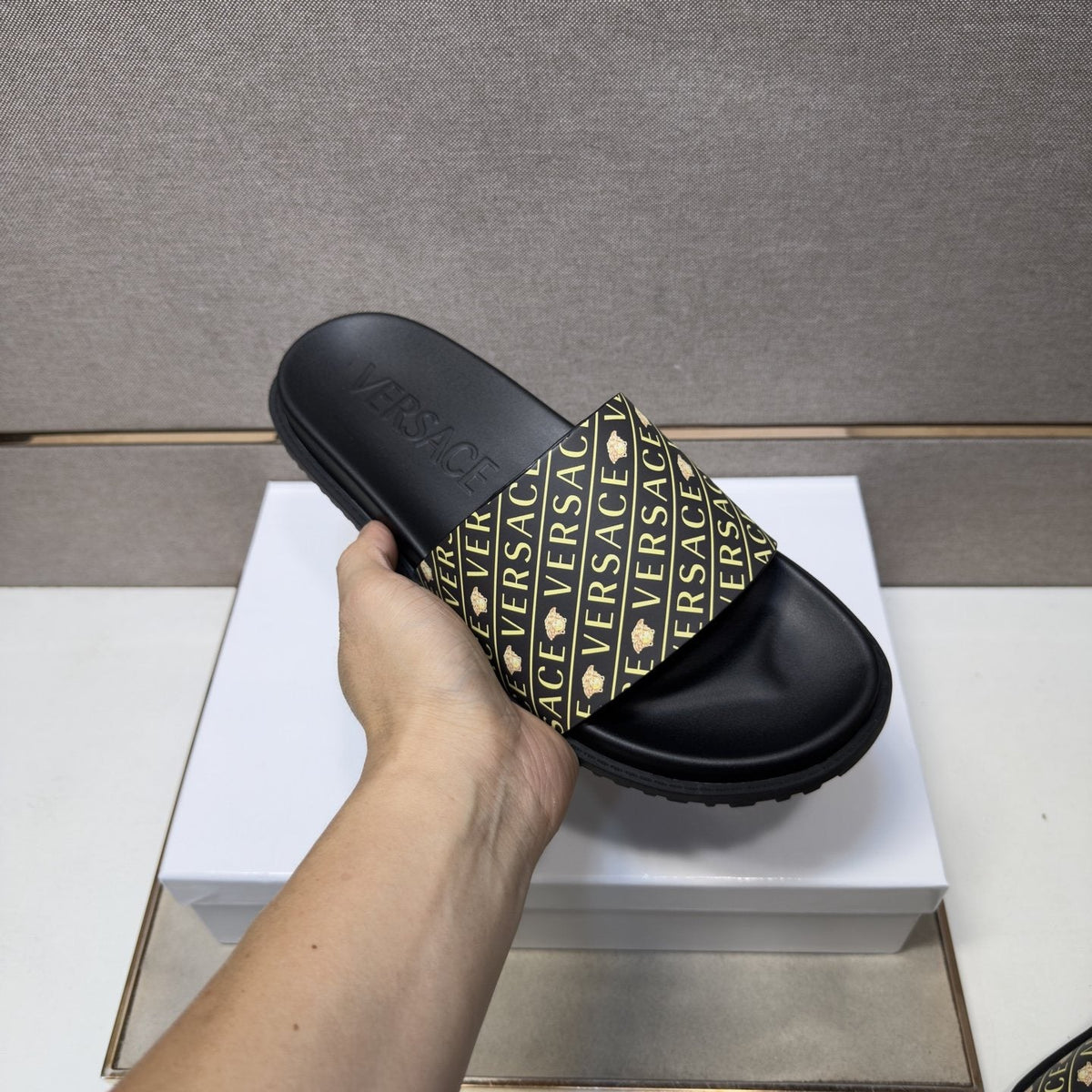 Versace Patterned Strap Slide Sandals — model