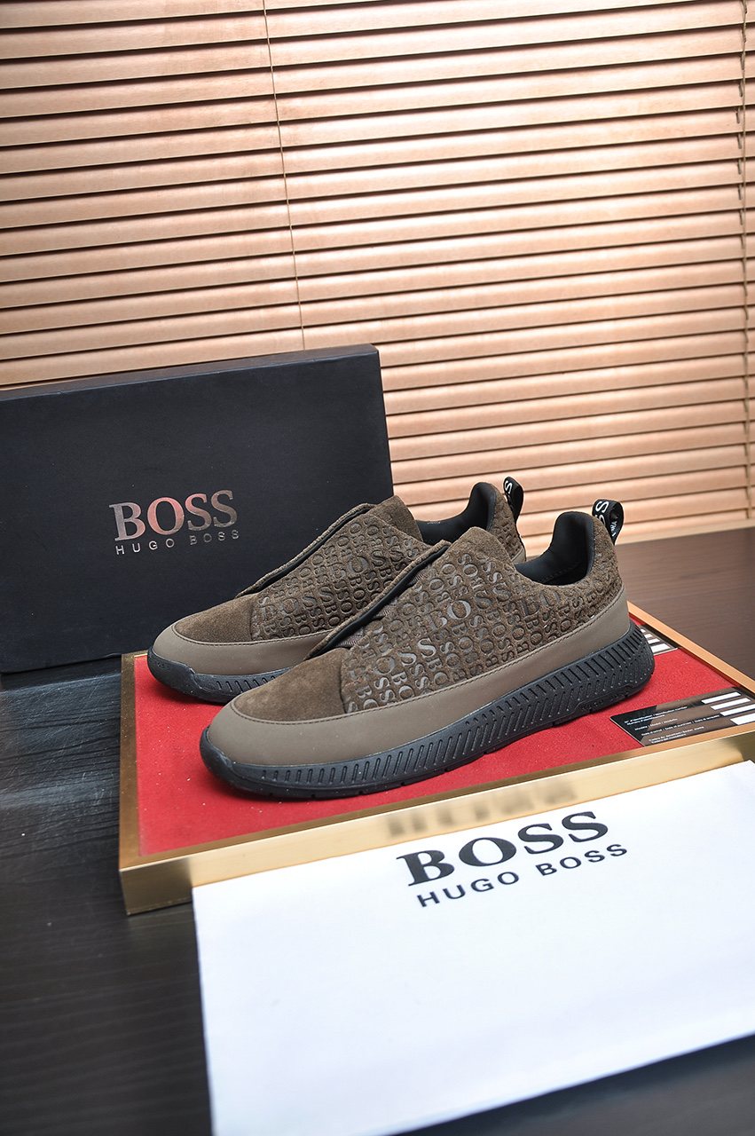 Hugo Boss Brown Textured Slip-On Sneakers — front