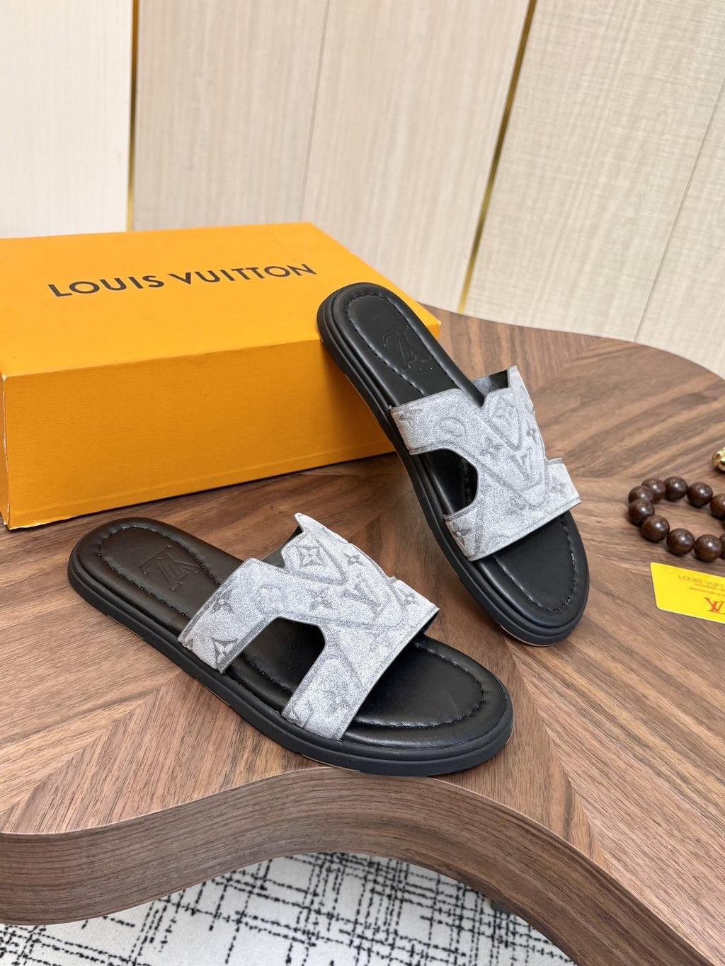 Louis Vuitton Light-Gray Patterned Slide Sandals — front