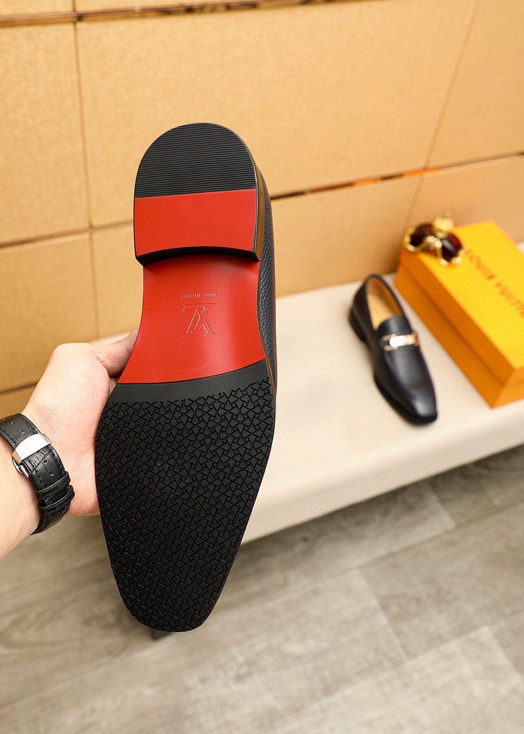 Louis Vuitton Black Pebbled Bar Loafers — detail