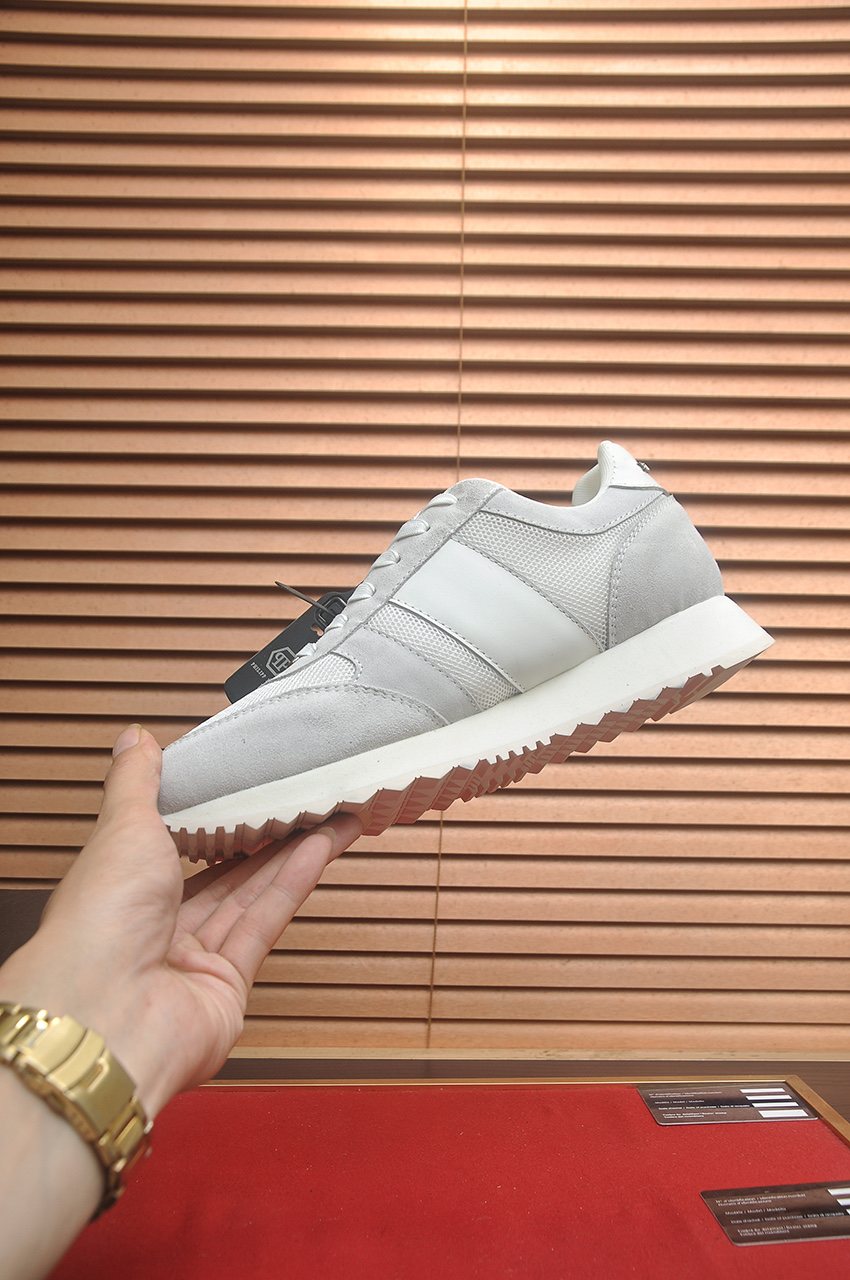 Philipp Plein White and Light-Gray Low-Top Sneakers — side